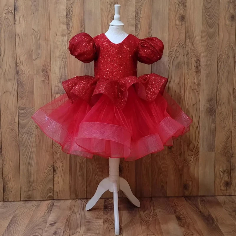 2026 Dresses Costume New Princess Dress Red Girls Sequin Tutu Children First Birthday European Style Formal Pageant Party Gown