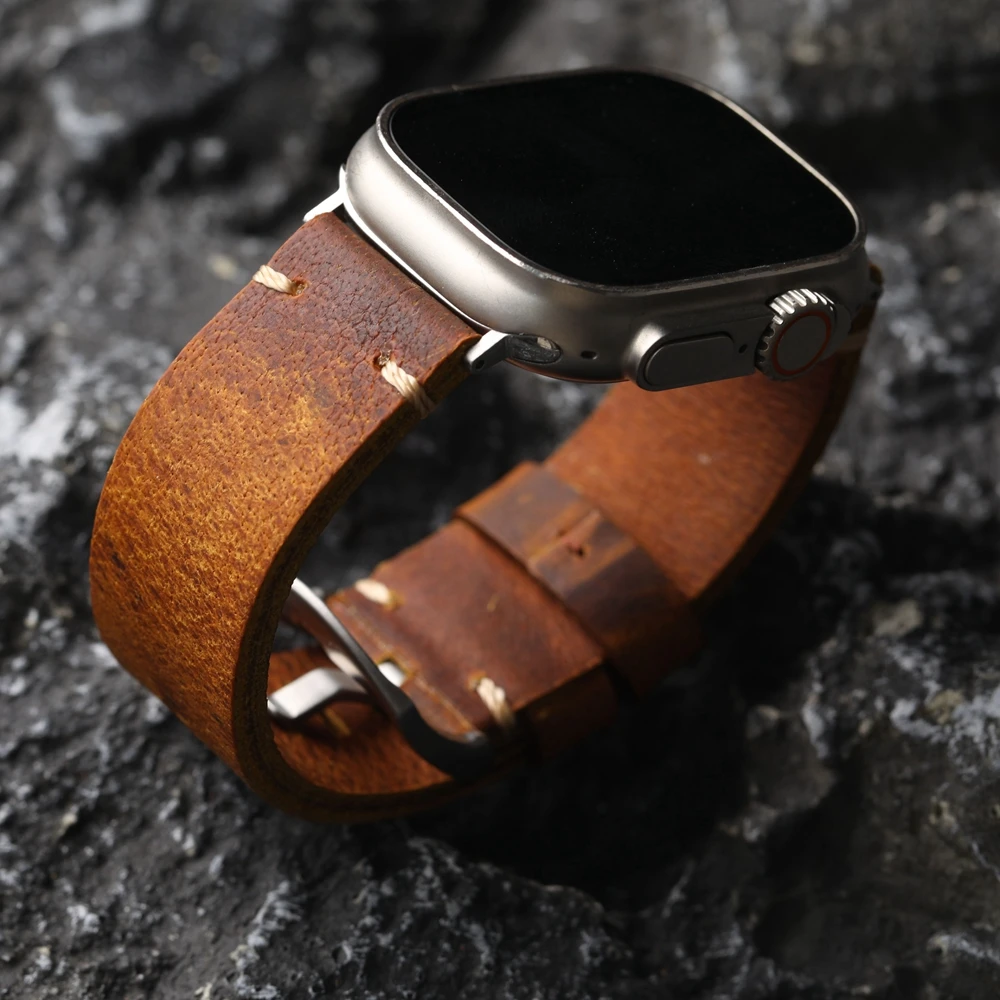 Handmade Top Layer Cowhide Strap Retro Style For iWatch Apple Watch Ultra 2 49MM 45MM 44MM 42MM Men Thickened Watch Chain Brown