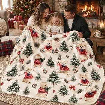 Christmas Bear Printed Throw Blanket, Cozy Holiday Decor Cover for Sofa Bed, Warm Leisure Blanket, Perfect Christmas Home Decoration & Festival Gift 1