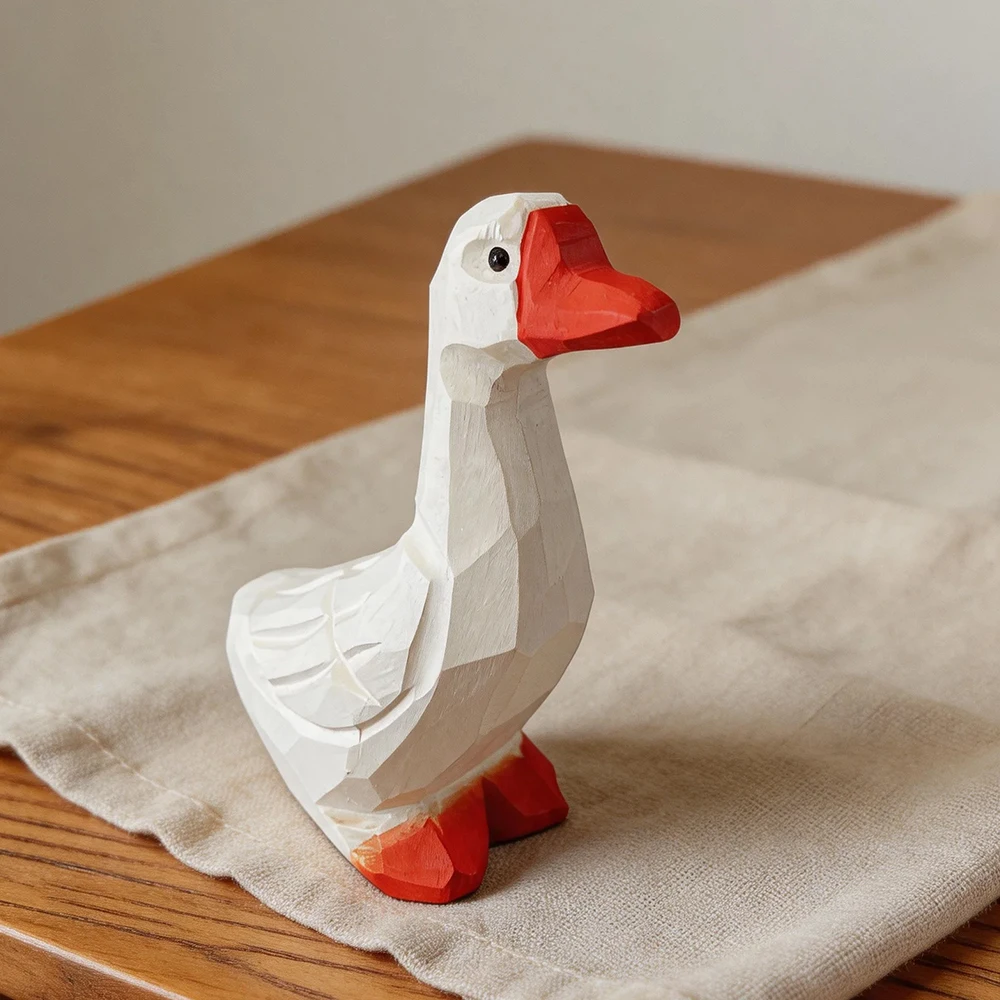 Hand Carved White Goose Figurine, Wooden Duck Sculpture Cute Animal Statue for Home Decor Desk Ornament Stress Relief Gift