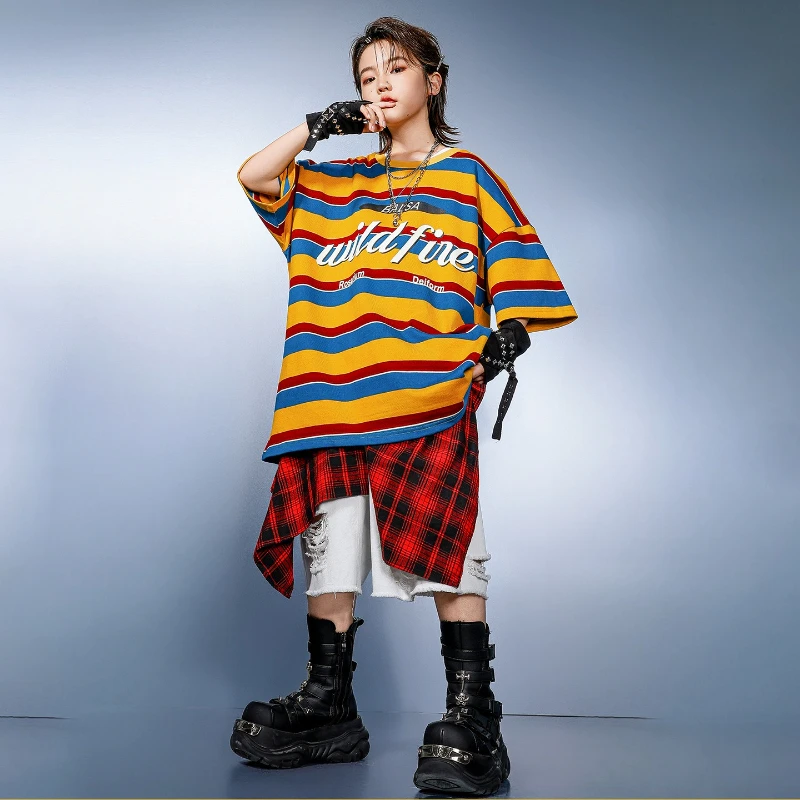 Costume Hip Hop pour garçons, chemise ample à rayures, Short blanc, tenue de danse de rue, ensemble à manches courtes, vêtements de danse Jazz de groupe