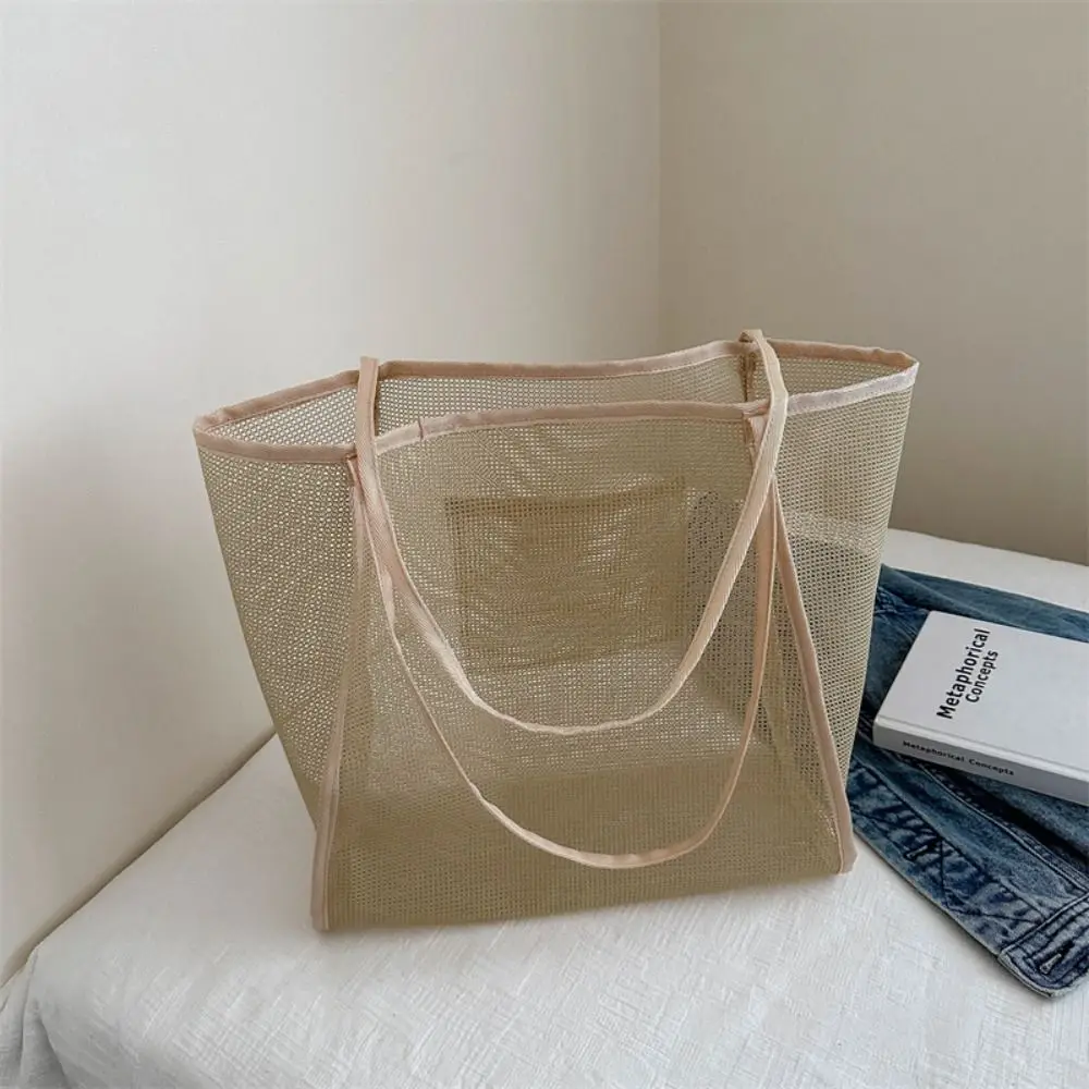 Portable Summer Hollow Out Totes Bag Swim Casual Mesh Shoulder Bag Large Capacity Beach Shopping Handbag For Women