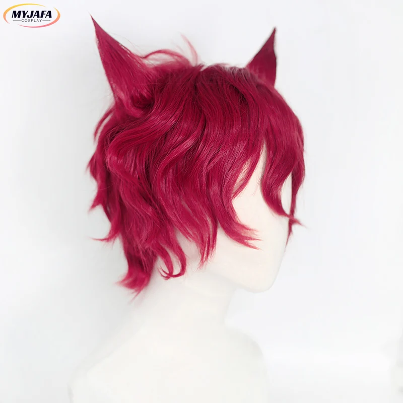 Sett Wig Cosplay permainan LOL Heartsteel Sett 30cm Wig pria merah anggur keriting pendek Wig rambut sintetis tahan panas + topi Wig