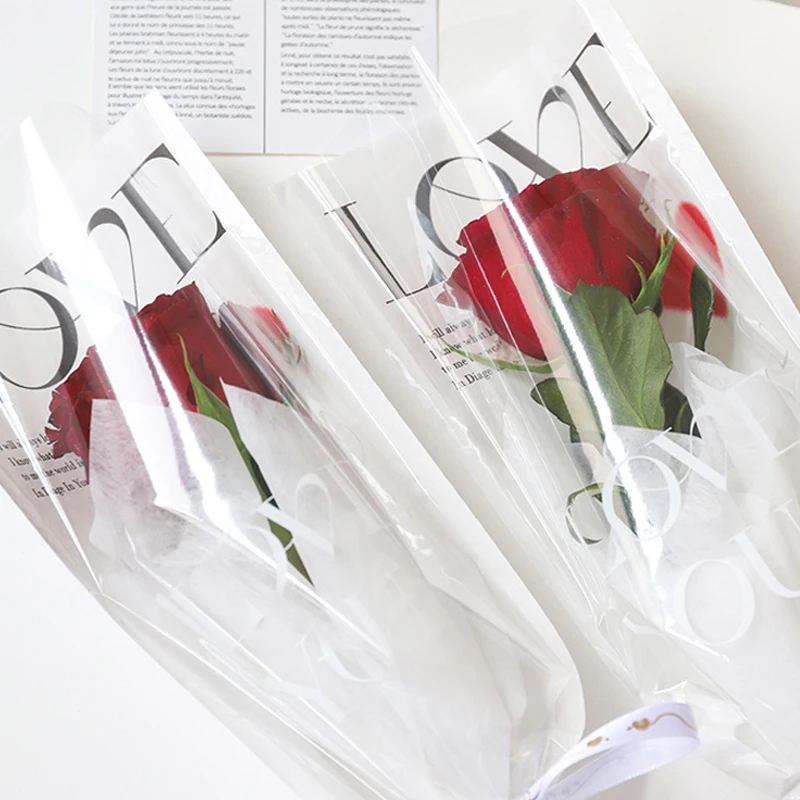 20pcs LOVE Transparent Rose Packaging Bags Valentine's Day Flower Packaging Transparent Bag Waterproof Bouquet Cover