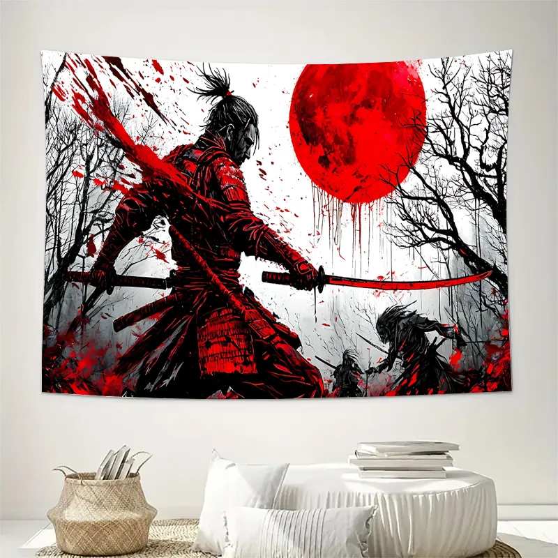 Samurai in Red Armor with Blood Splatter and Red Moon Wall Tapestry Machine Washable All Season Decor Home Durable materials