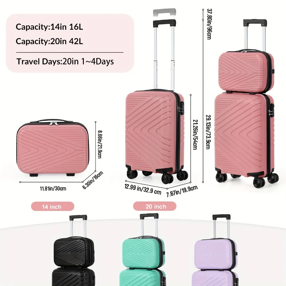 2pcs Lightweight Carry-On Luggage With Cosmetic Bag Set, ABS Material Suitcase With Aluminum Alloy Handle