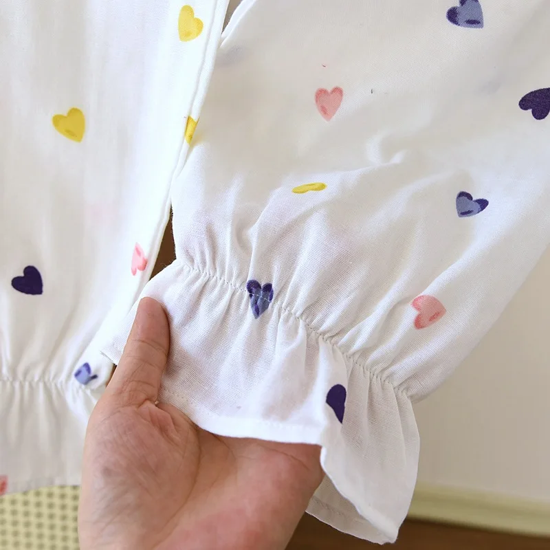 Pijamas de algodón de doble hilo para mujer, pantalones de manga larga con cuello de muñeca Simple, ropa para el hogar, ropa fina y holgada para el hogar, primavera y otoño