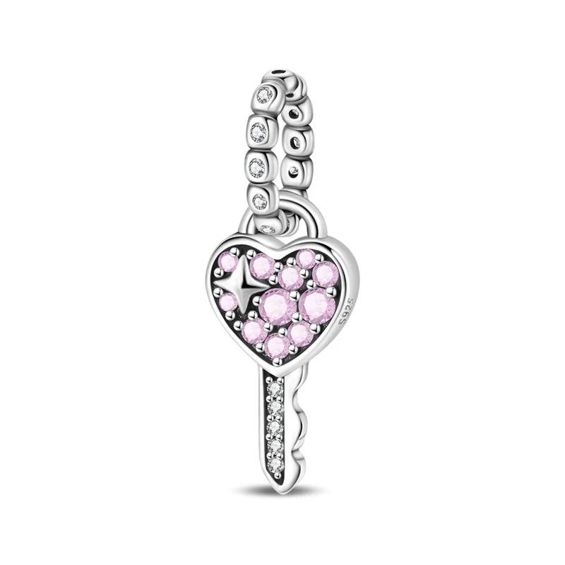 

New 925 Sterling Silver Pink Key Charms Pendant For Women Fit Original Bracelet DIY Birthday Party Jewelry Gifts