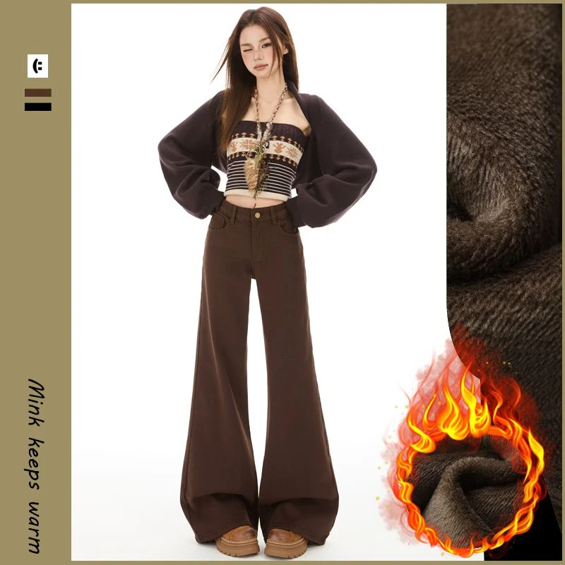 ZHISILAO Winter Fur Flare Jeans Women Vintage Casual Warm Thick Cotton Stretch Khaki Denim Pants 2025