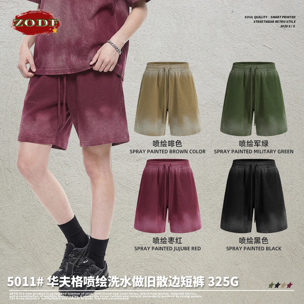 

ZODF Retro 2026 Summer 325gsm Washed Waffle Shorts Unisex High Street Loose Distressed Solid Shorts Brand Streetwears HY1218