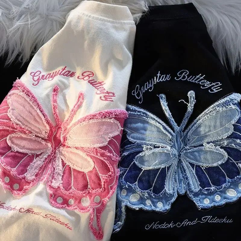 Camiseta de mariposa bordada tridimensional de algodón de estilo americano para mujer, camiseta de manga corta, ropa informal suelta de verano