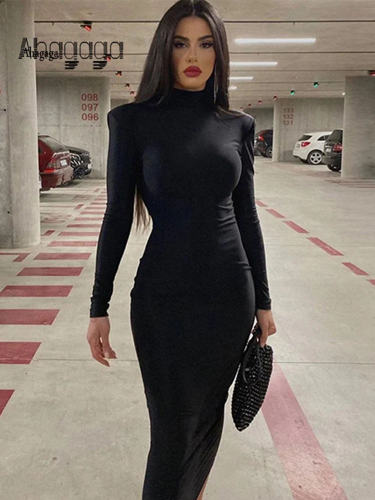 AHAgaga Winter Office Lady Regular Sexy Bodycon Maxi Dress Women Casual Long Sleeve Black Slim Dresses Woman Turtleneck Robes