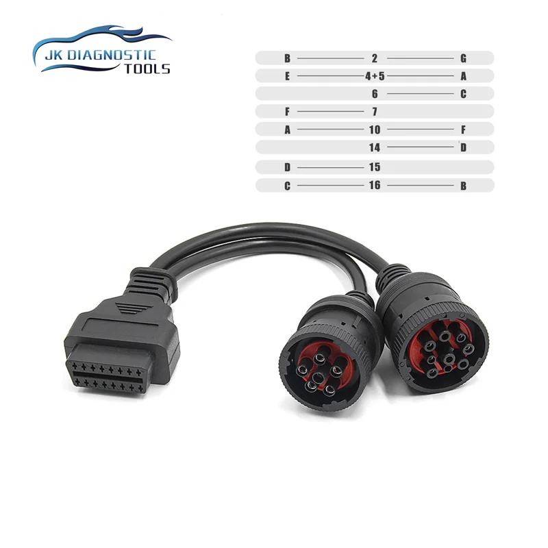 6+9pin (J1708+J1939) Truck OBD Adapter Cable Heavy Truck Diagnostic Line for Cumins Y Cable to OBD2 16pin Female OBD Cable