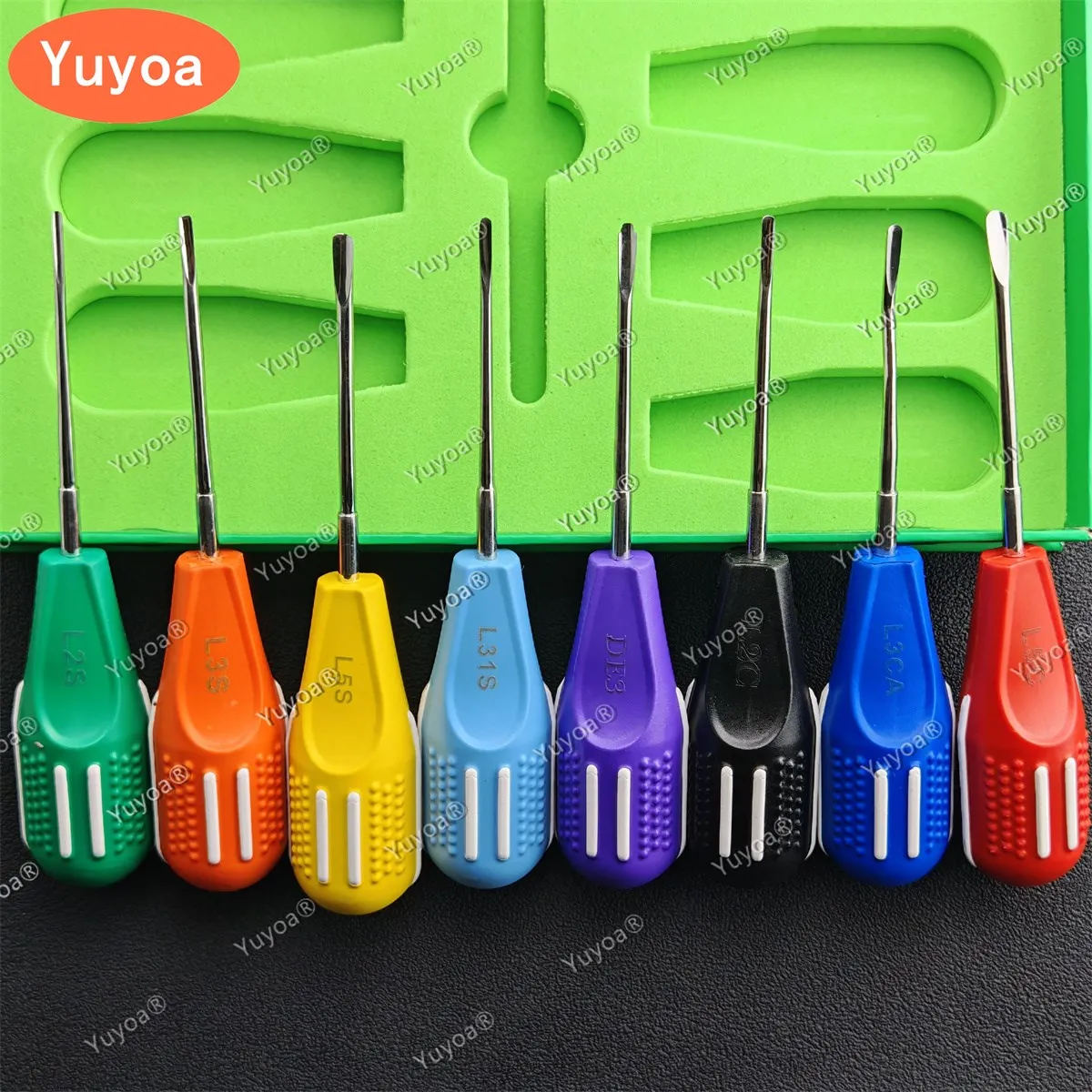 8pcs/set Dental Luxating Lift Elevators Curved Root Extracting Dentistry Surgical Screwdriver with Colourful Plastic Handle
