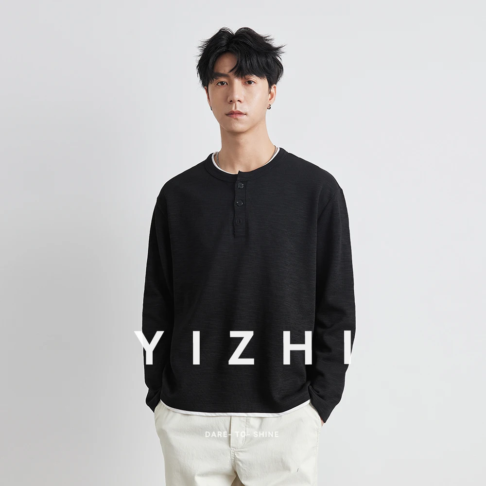 Men Henry Collar Fake Two-Piece Long-Sleeved T-Shirt 2025 Spring and Autumn New American Retro Loose Underwear Long-Sleeved Top - Image 3