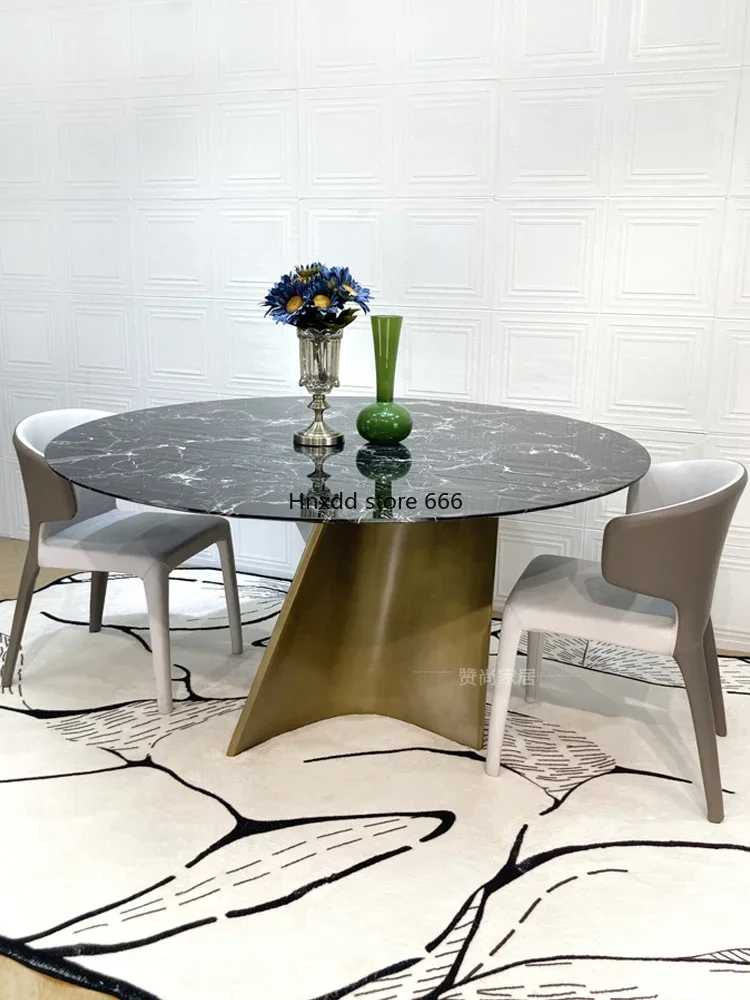 Italian light luxury black rose marble dining table living room home rock slab round table