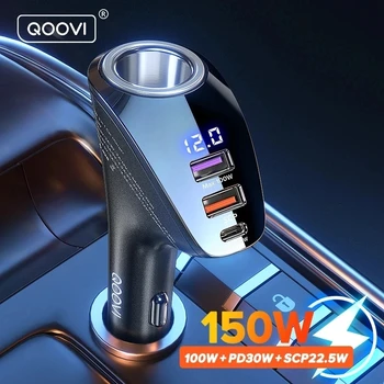 QOOVI-차량용 충전기, 150W, Usb C 타입 초고속 충전, PD 4.0, 고속 충전, 3.0 시가잭, 아이폰, 샤오미, 삼성용