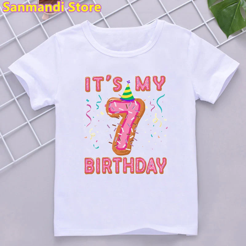 New 2th-10th Birthday Gift Graphic Tshirt for Girls Donuts Crown T Shirt Kids Clothes Summer Kawaii Children Clothing T-Shirt