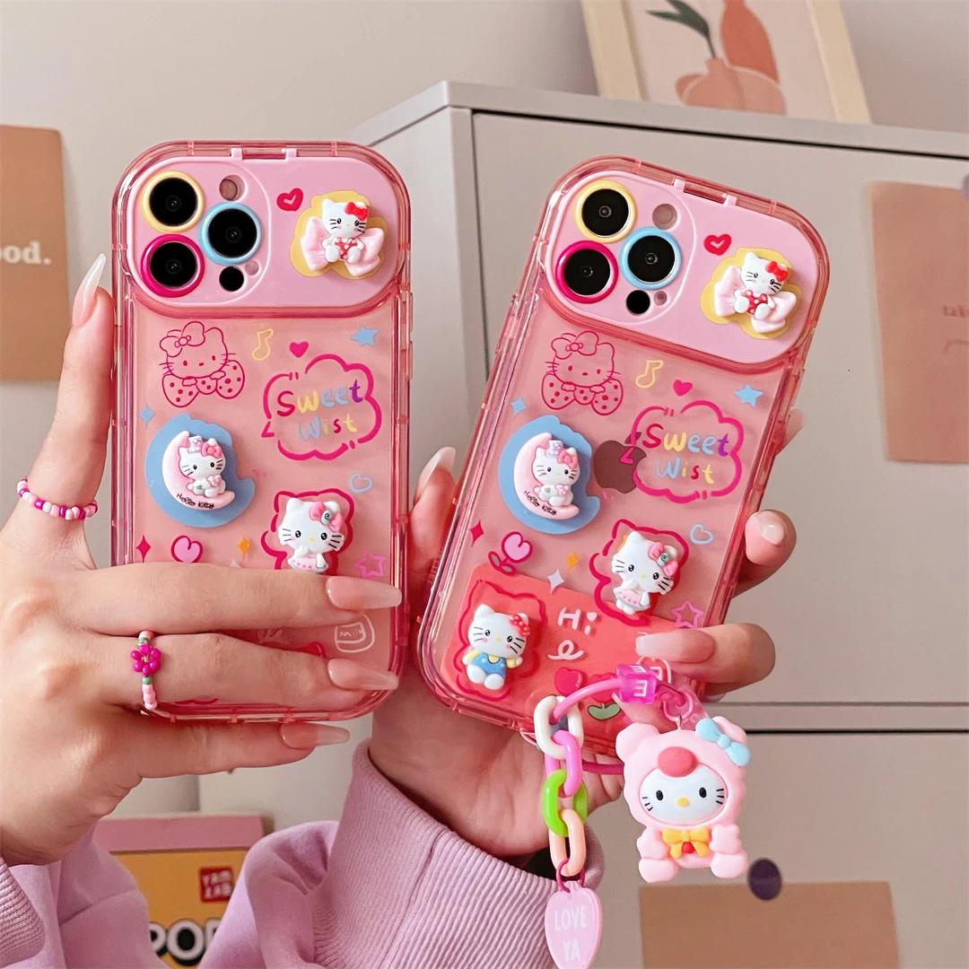 

Sanrio 3D Hello Kitty Ornament with makeup mirror holder key chain Phone Case For Iphone 11 12 13 14 15 Pro plus Xs Max Xr Cover