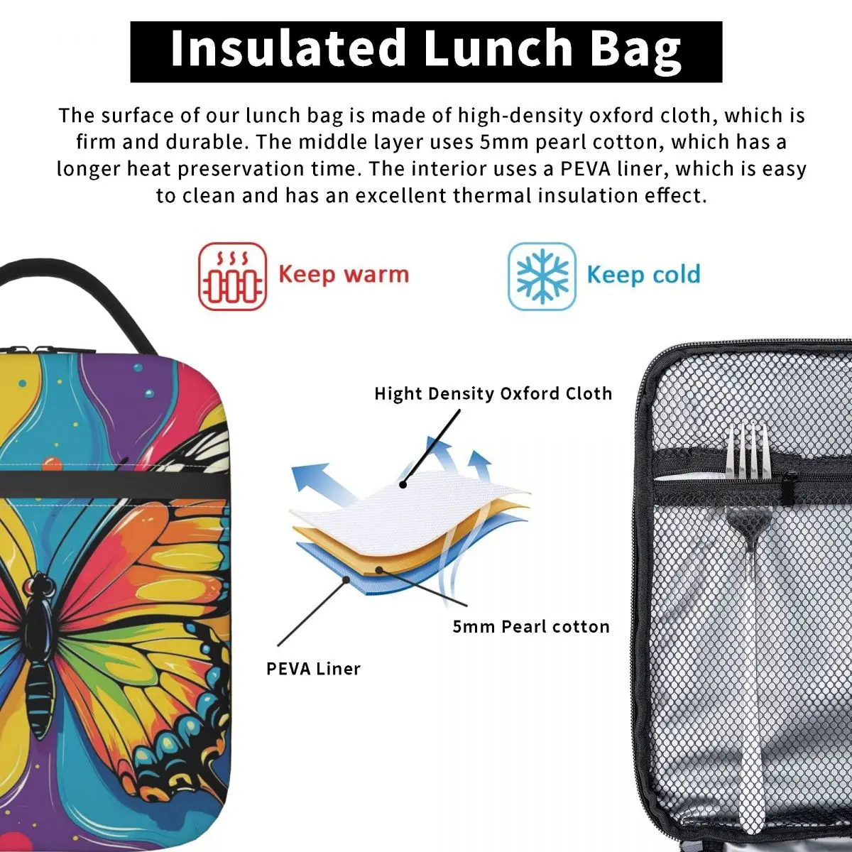Vibrant Graffiti Butterfly Design Insulated Lunch Bag for Women Kids Leakproof Food Boxes Thermal Lunch Box Tote