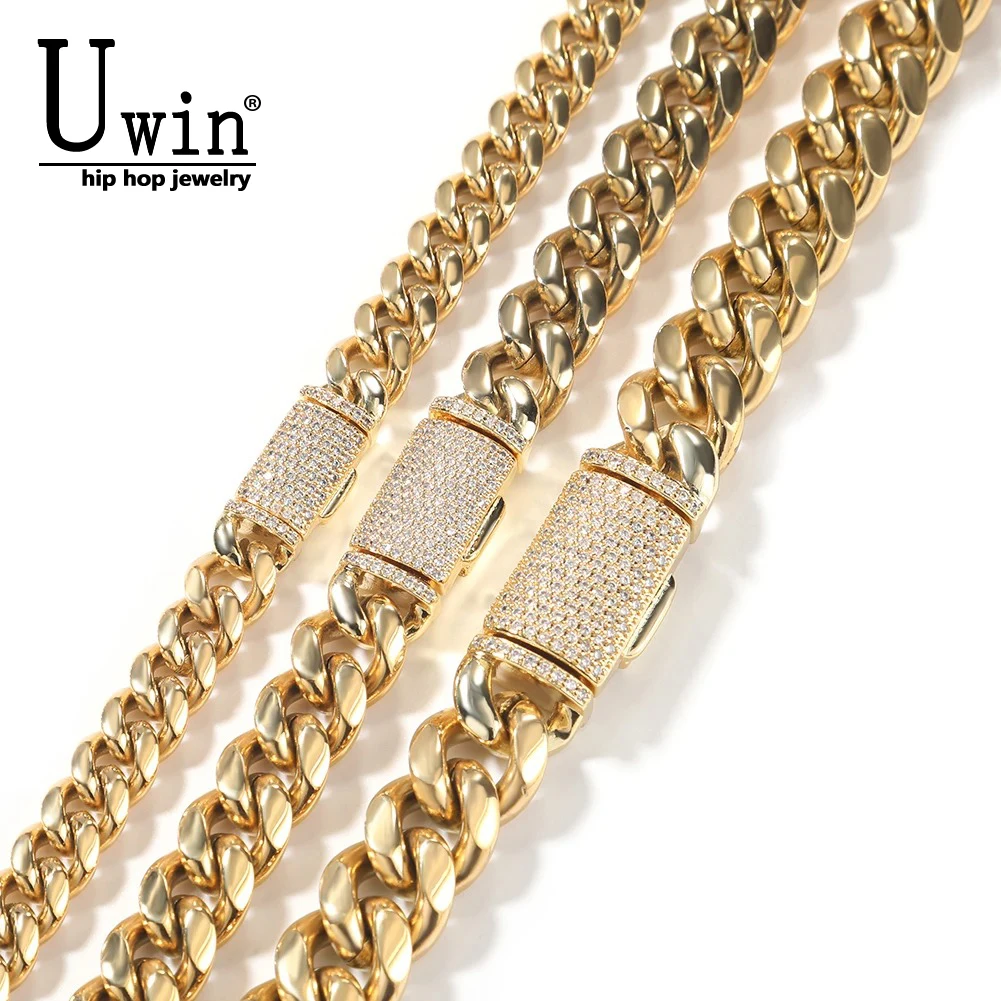 Uwin 8mm/10mm/12mm Stainless Steel Miami Cuban Link Chain Iced Out CZ Box Clasp Bracelet Necklace Fashion Hiphop Men Jewelry