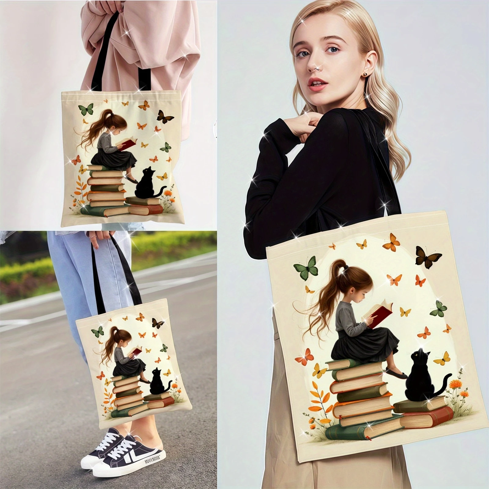 Women's Large Book-Themed Tote Bag with Book & Butterfly Print - Soft Suitable for, Library, Book, Casual Handbag