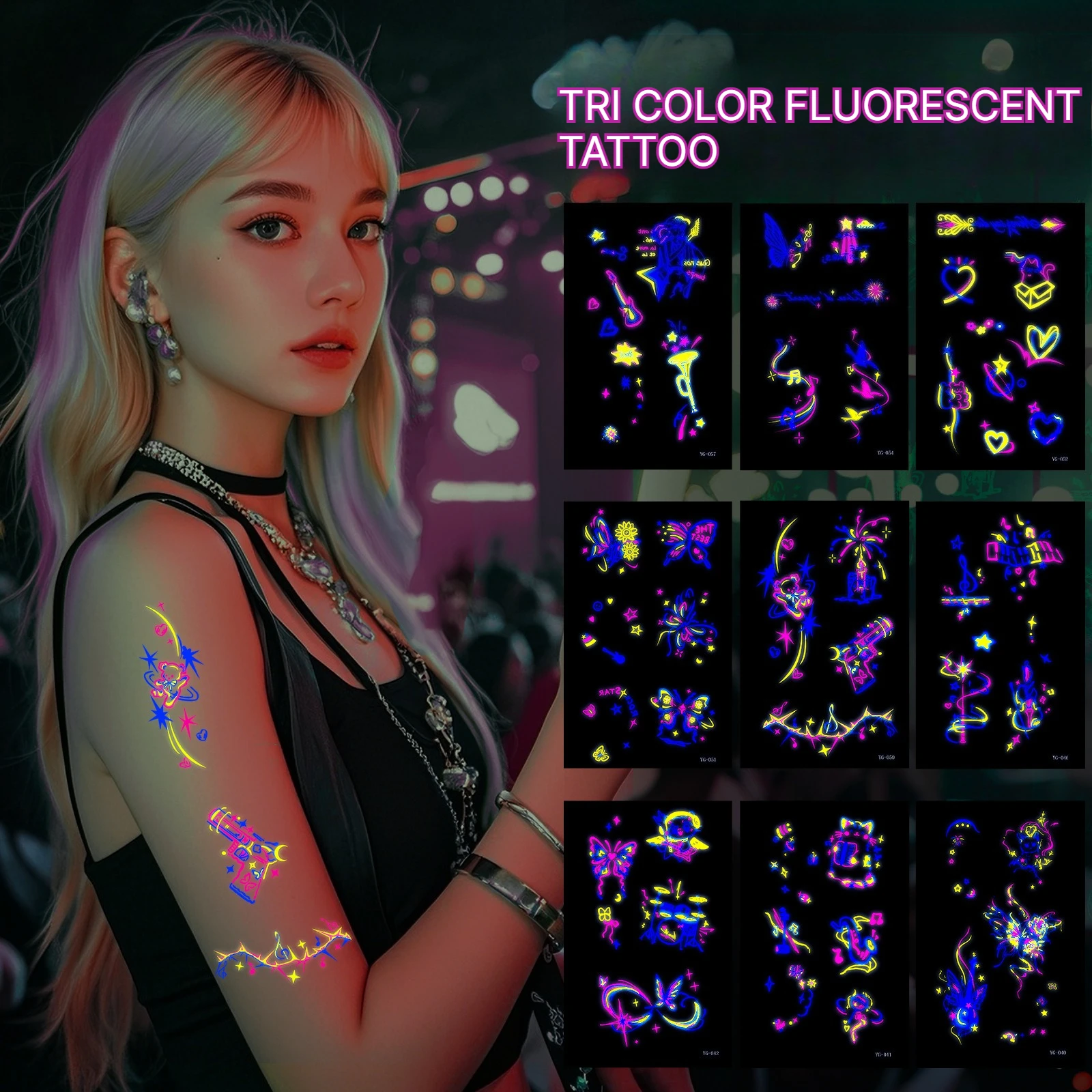 A 4/6/8Pcs UV Neon Fluorescent Luminous Temporary Tattoo Stickers, Glow In Dark Body Face Decals for Party Cosplay Accessories