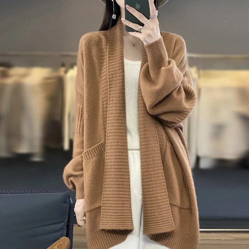 

Повседневный свободный новый женский кардиган с v-образным вырезом, 100% красивый свитер из рабской шерсти, осенне-зимняя куртка с длинными рукавами, свитер для женщин