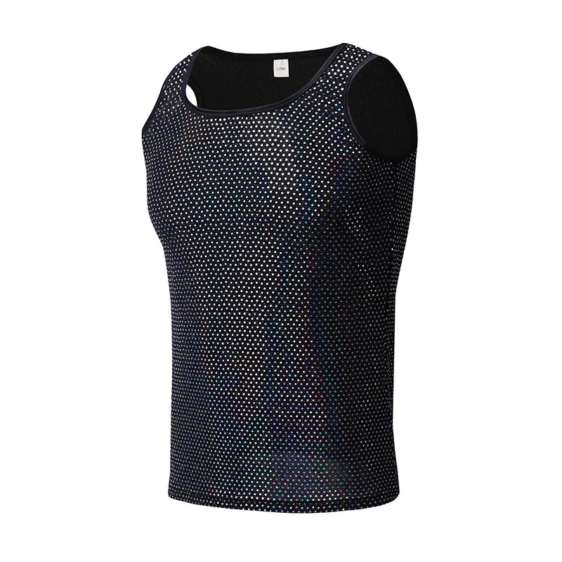 Men's Sparkly Rhinestone Sleeveless Tank Top Mesh Hollow Racerback Vest Slim Nightclub Singer Stage Perform Shiny Gym Muscle Tee