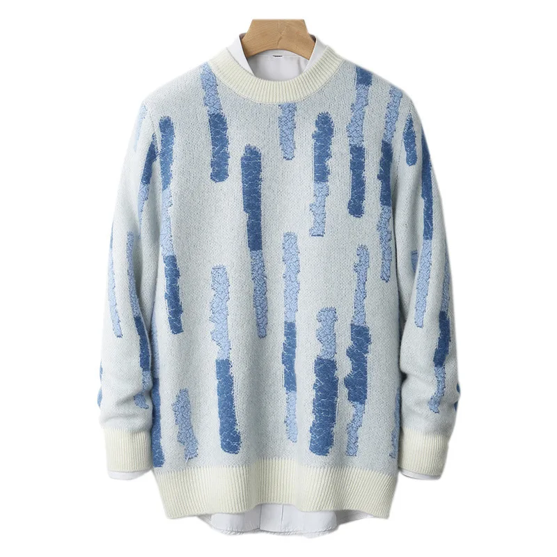 Осенне-зимний мужской шерстяной свитер с круглым вырезом, утолщенный свитер с цветными блоками, ленивая повседневная вязаная базовая рубашка