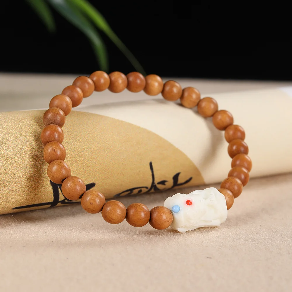 

Natural Sandalwood 0.6mm Single Loop Beaded Bracelet Women's Prayer Beads with Ivory Nut Zakiram Charms Gifts