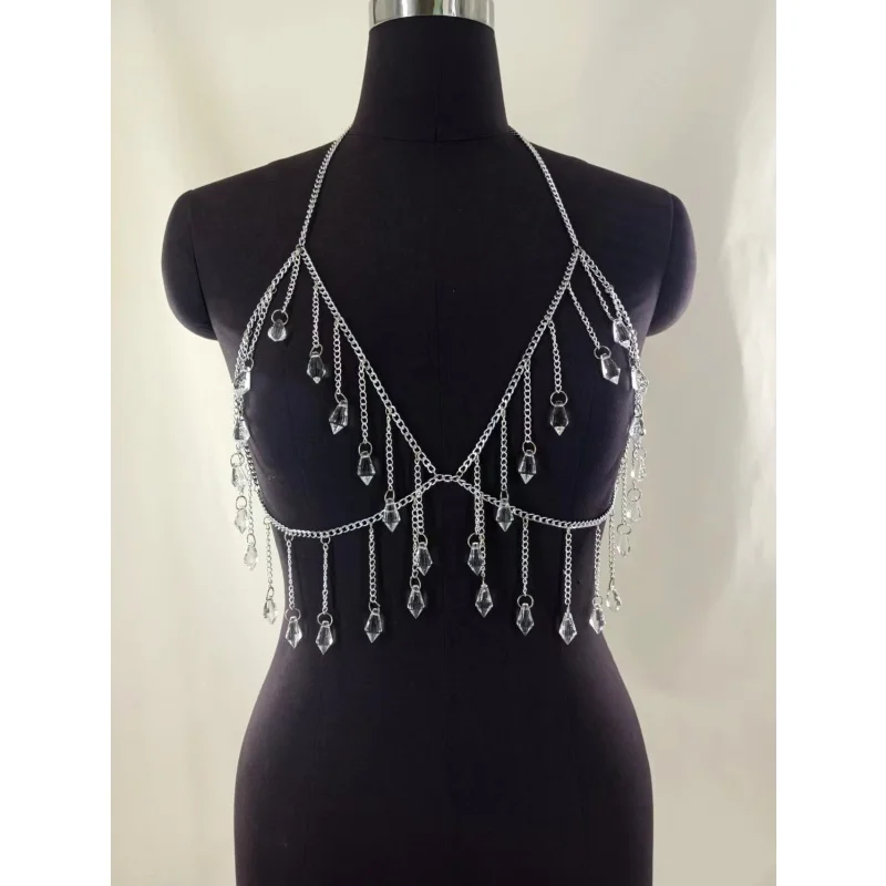 Damen-Körperkette mit Kristallquasten, verstellbares Metallketten-BH-Oberteil, glitzernder Strass-Körperkettenschmuck für Party-, Festival- und Rave-Outfits – Detail 3