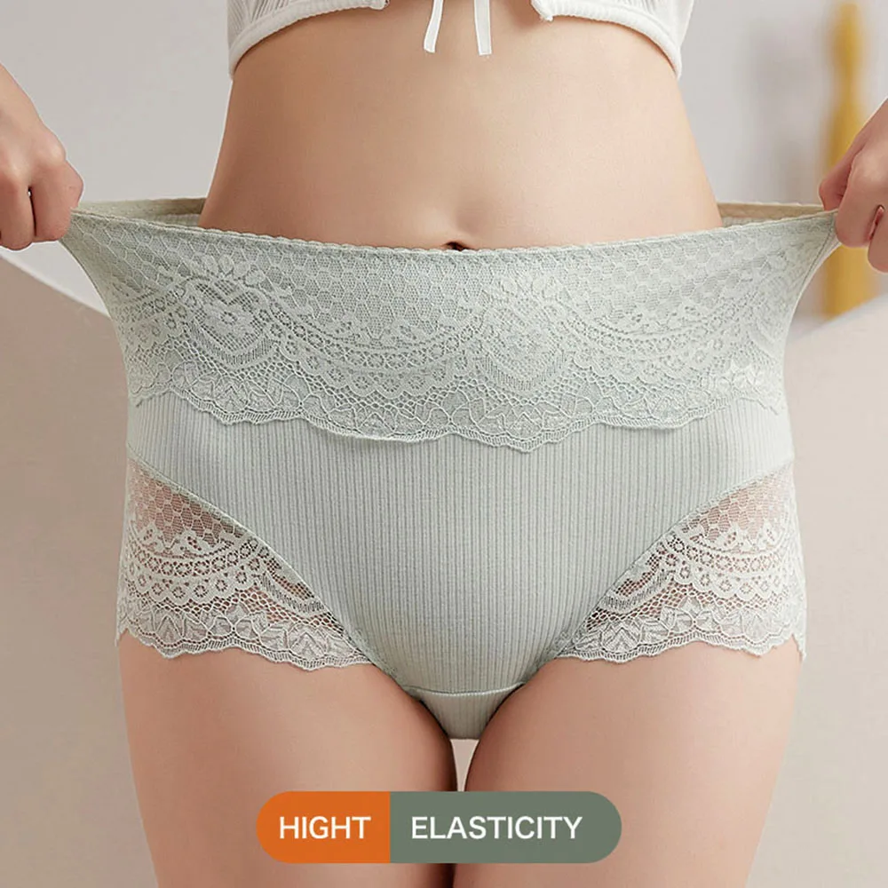 6PCS Women's Cotton Underwear High Waist Antibacterial Panties Sexy Lace Seamless Tummy Briefs Ladies Triangle Shorts Large Size