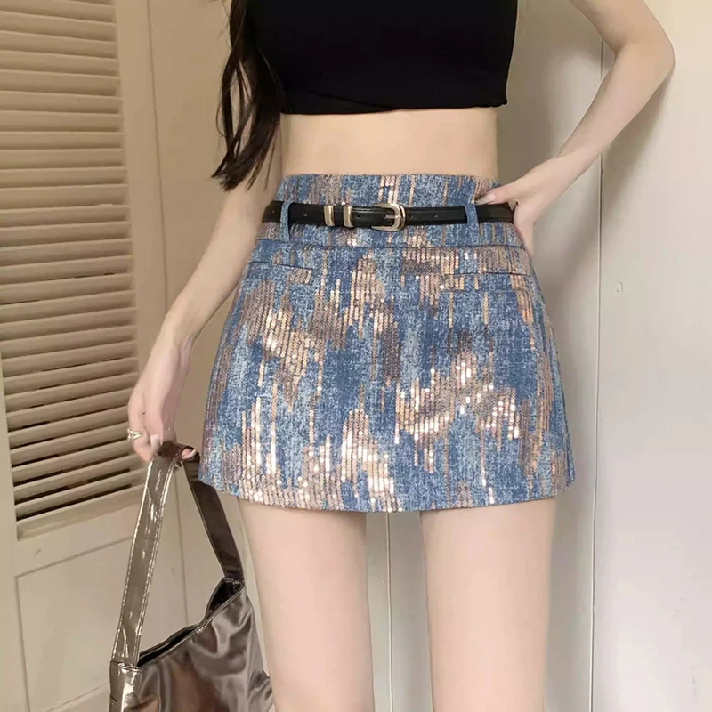 

Джинсовая короткая юбка с высокой талией и блестками, эластичная модная элегантная темпераментная облегающая юбка трапециевидной формы с запахом на бедрах