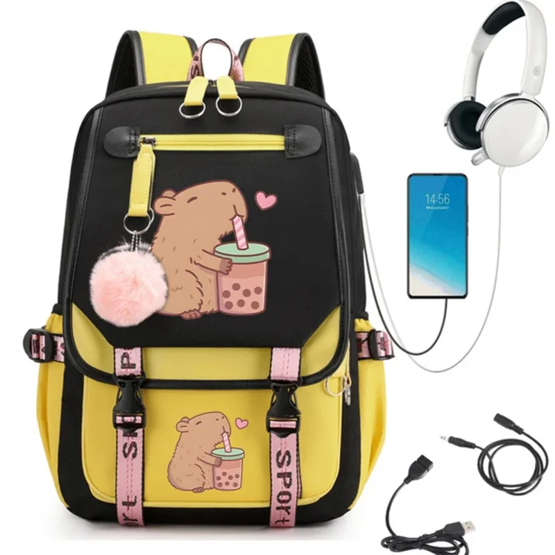 Mochila escolar Kawaii Capybara Bpba para adolescentes, Bolsa Escolar de té, mochila para niños, mochila para adolescentes, bolsa de libros con carga Usb