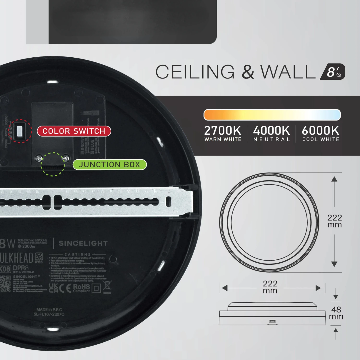 Montaje de pared y techo de mampara LED IP65, 18W, 2000LM, impermeable, para interior y exterior, Color giratorio, nuevo