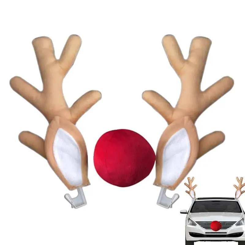 Christmas Reindeer Antlers And Red Nose Car Exterior Decoration Reindeer Antlers & Nose Kit  For Truck SUV Decor Car Accessories