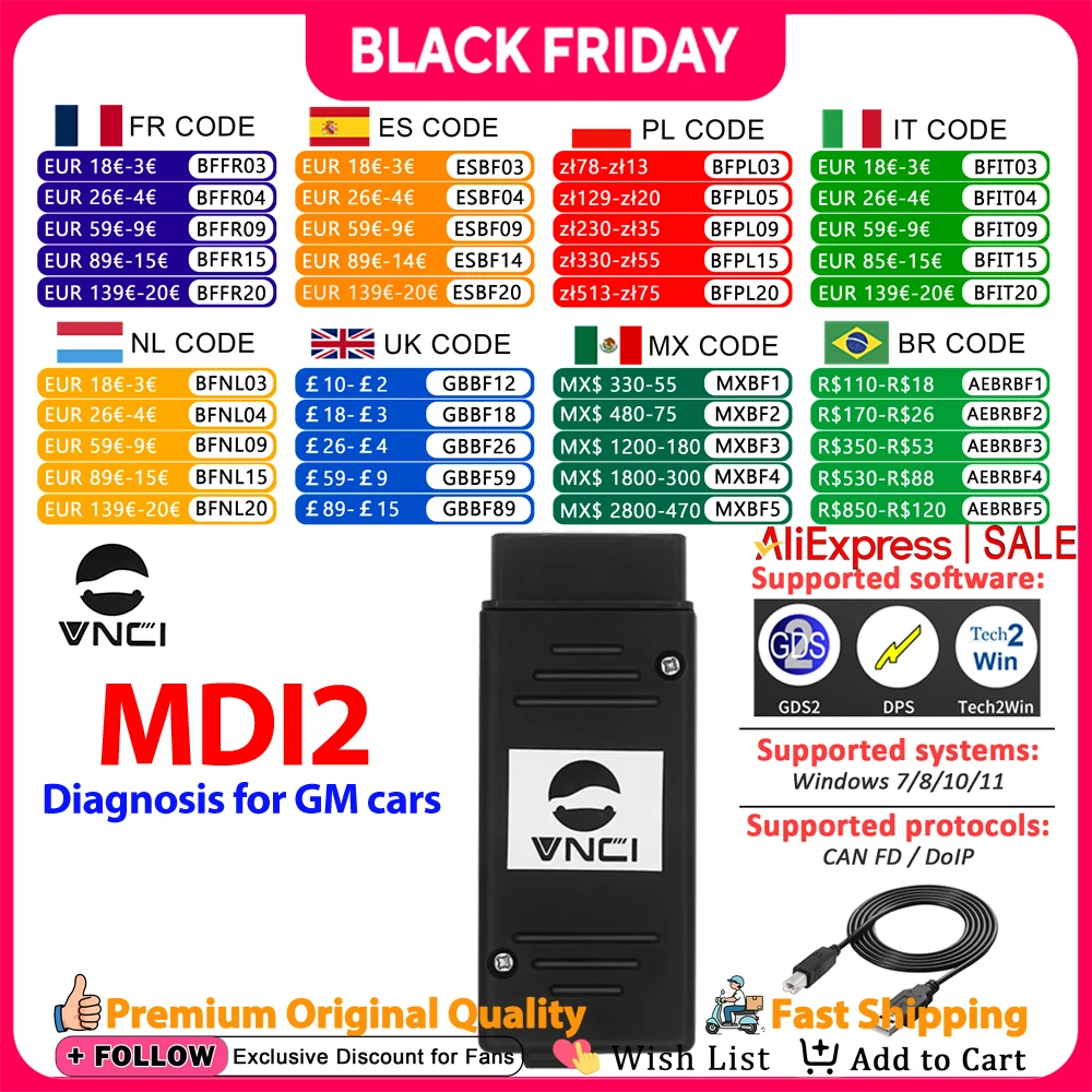 VNCI MDI2 Diagnostic Tool for GM Support CAN FD/DoIP Module Compatible with TLC, GDS2, DPS,Tech2win Car Auto Scanner Programmer