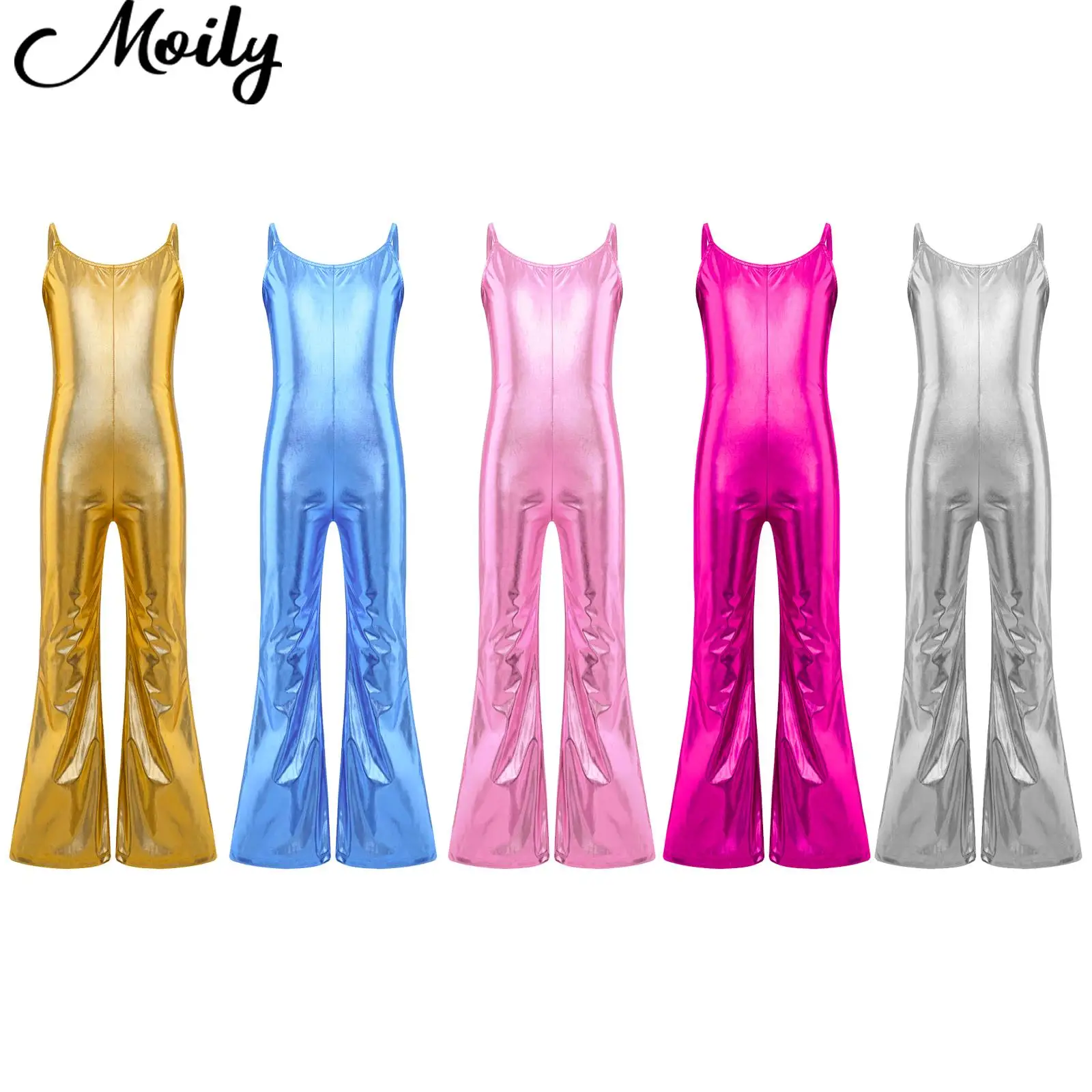 Kinder Meisjes Glanzend Metallic Gymnastiek Jumpsuit Verstelbare Bandjes Mouwloze Bodysuit Met Klokbodem Halloween Performance Kostuum