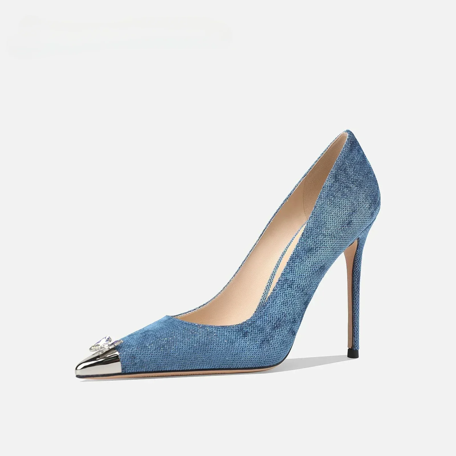

2025 Women's High Heels Blue Crystal Bow Metal Head Thin Heel Fashion Women's Shoes Zapatos De Mujer Gfit