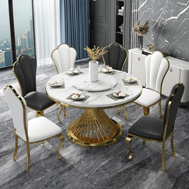 Designer Luxury round dinning Marble Rock Slab dining table set 6 chairs mesa comedor sillas furniture Stainless steel gold base