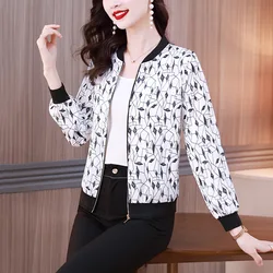 #5366 White Printed Baseball Coat Women Zipper Vintage Slim Thin Short Outerwear Satin Coats And Jackets Women Stand Collar