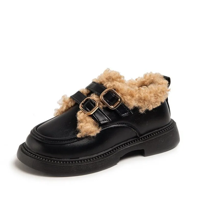 Girl Shoe Kid Lamb Fur Plush Leather Shoe Winter British Warmth Cotton Shoe Fashion Princess Loafers Shoe Kid Shoe Mary Jane