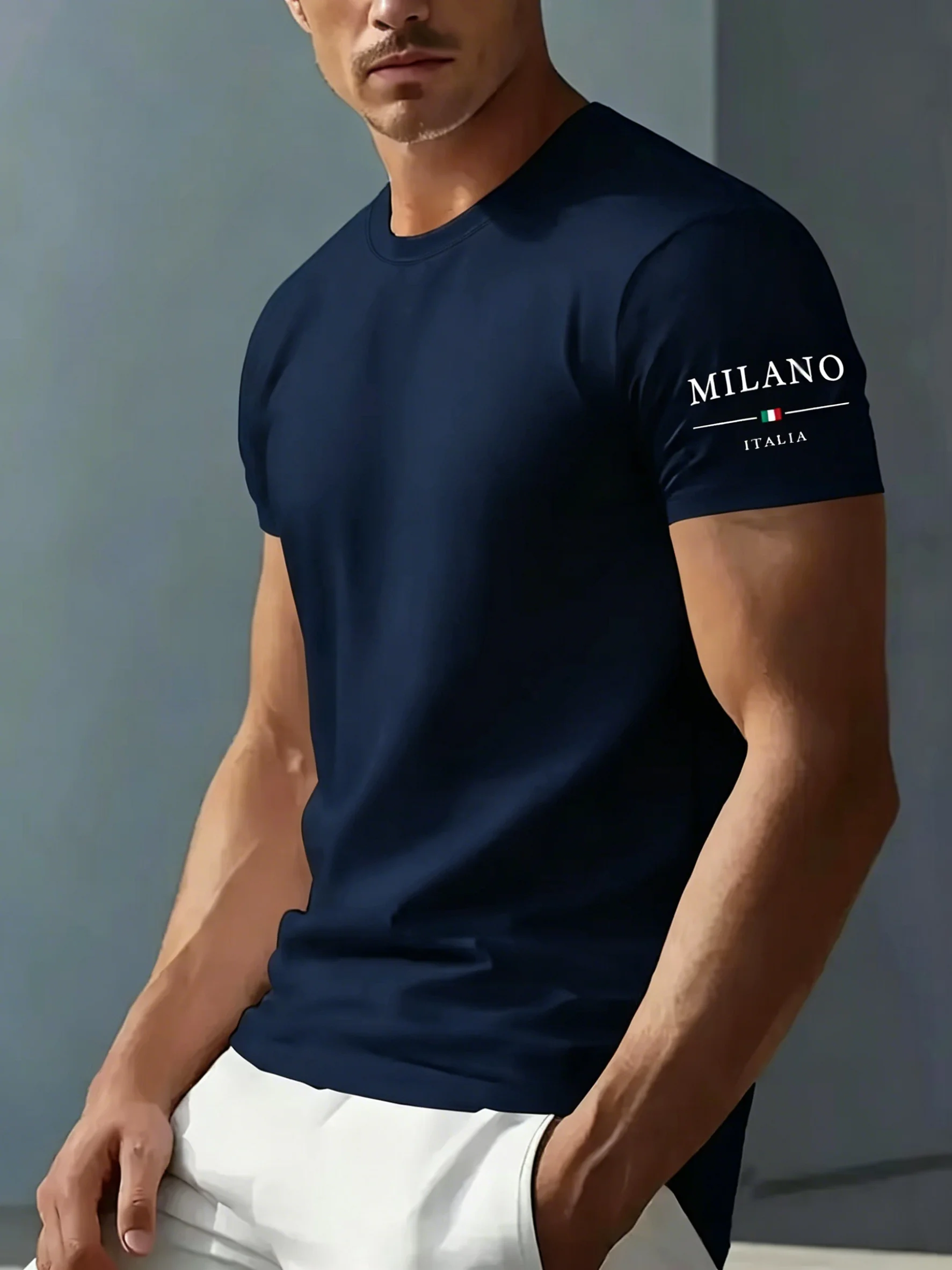 100% reine Baumwolle Herren Sommer Casual Sport Modisch Locker Sitzend MILANO ITALIA Muster Bedrucktes Rundhals Kurzarm T-Shirt Top – Detail 11