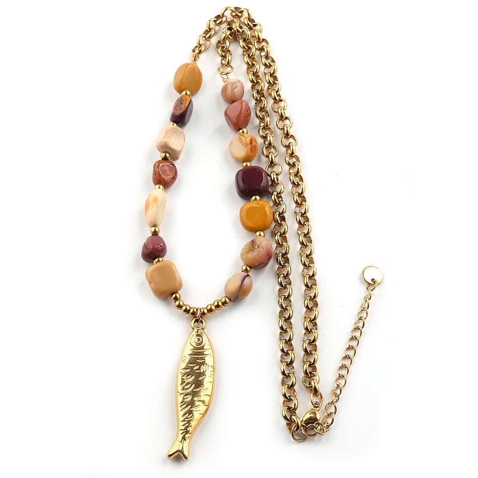 

Bohemia Spiritual Resin Beads Fish Pendant Necklace for Women Ocean Stainless Steel Gold Color Handmade Statement Chain Jewelry