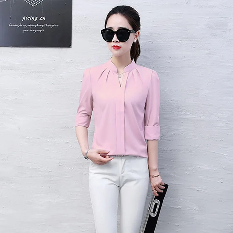 Spring Autumn Fashion Sexy V-Neck Shirt Women Formal Long Sleeve Chiffon Blouse Casual Slim Fit Base Shirt