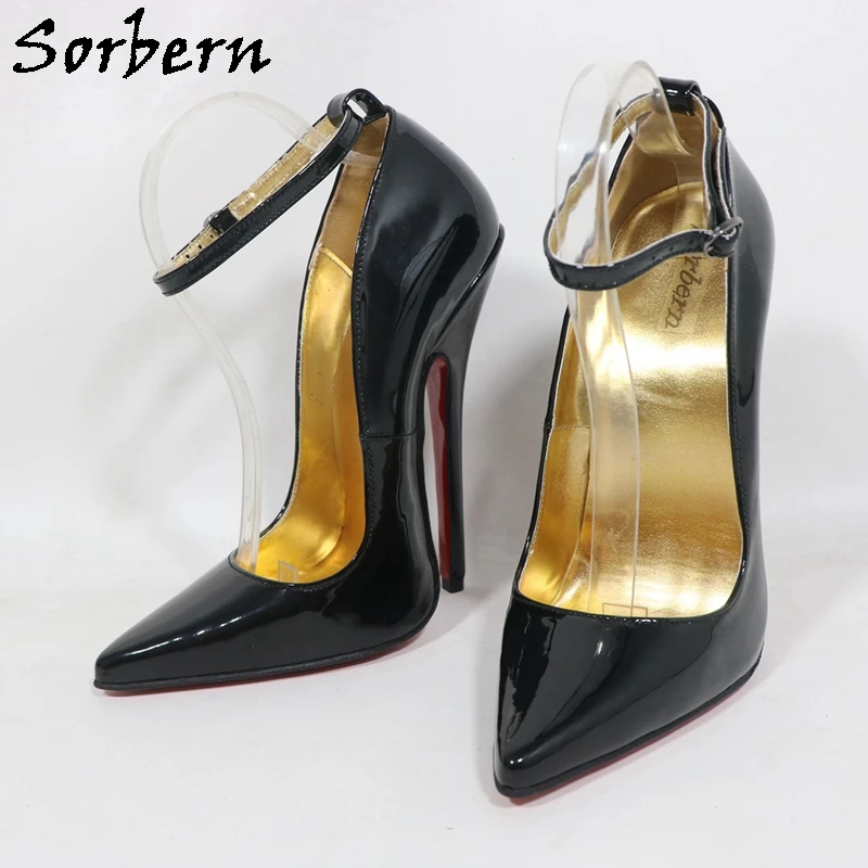 Sorbern أسود لامع مثير النساء حذاء بكعب مع حزام الكاحل وأشار أصابع الذهب بطانة الخناجر 16 سنتيمتر عالية الكعب لون مخصص