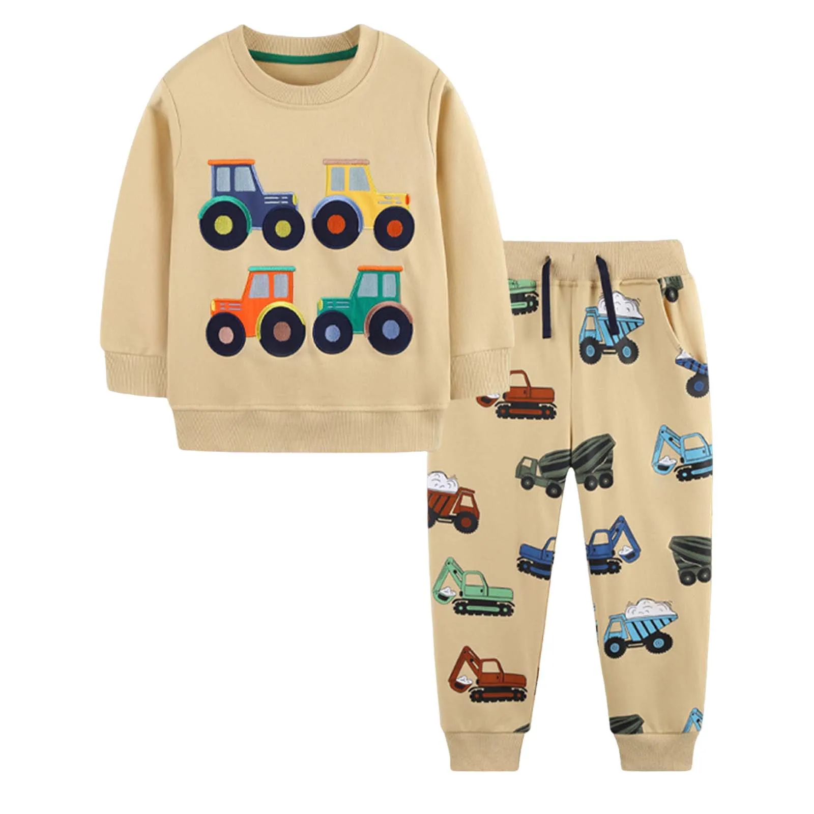 طقم مكون من قطعتين بدون غطاء للرأس وسراويل للأطفال مريحة ومسامية وأكمام طويلة مع بدلة بنطلون مطبوعة بنمط شاحنة لطيفة #2