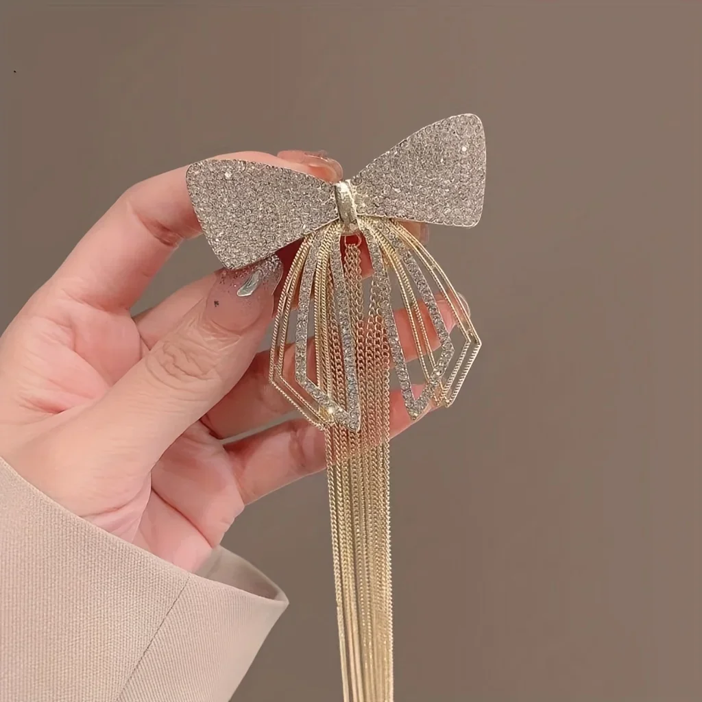 1 piece girls super fairy beauty senior sense of diamond bow tassel hair clips female back of the head half tie hair spring clip