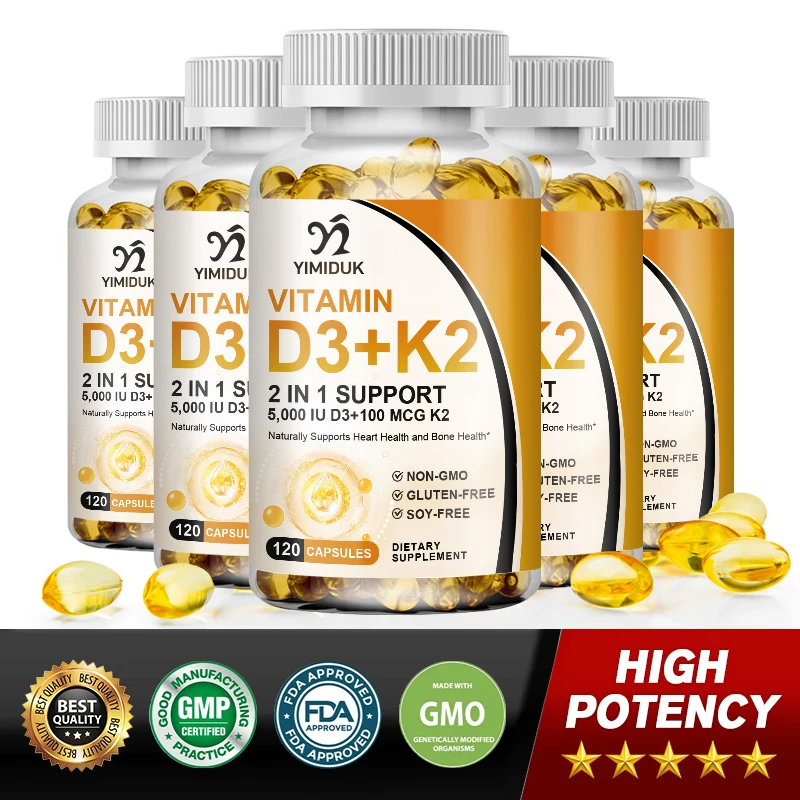 Vitamin D3+K2 Capsules 5,000 IU/100 mcg for Calcium Absorption Immune Support